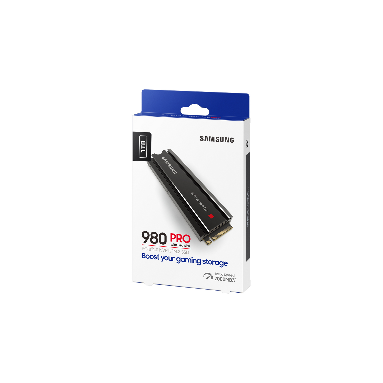 Una caja de un SSD Samsung 980 PRO negro. El texto en la caja dice 1TB y 'Boost your gaming storage'.