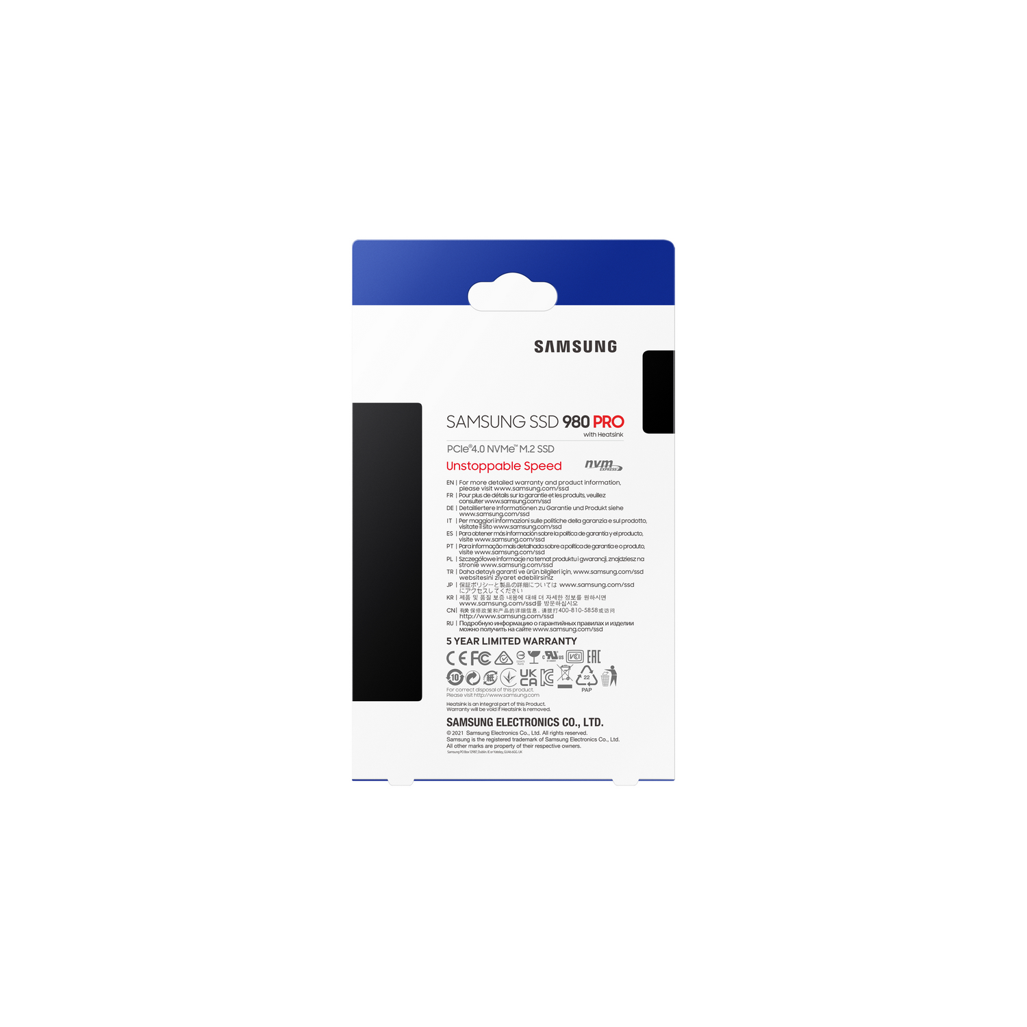 Parte trasera de una caja Samsung SSD 980 Pro. Texto y logos visibles.