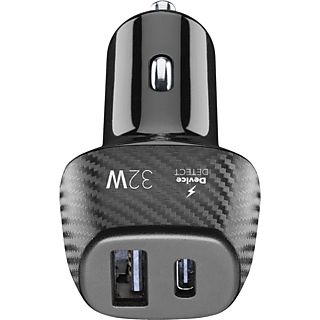 Cargador USB para coche - CellularLine 2 FAST+ CBRUSB2PD32WK, 20W + 12W, USB-C y USB-A, Universal, Negro