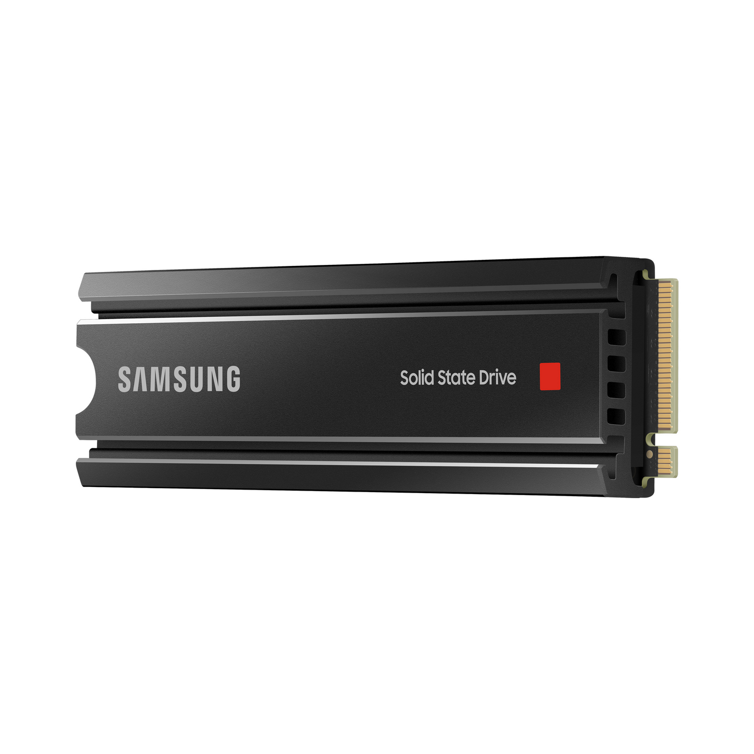 Un disco de estado sólido Samsung negro con el nombre de la marca y la información del producto.