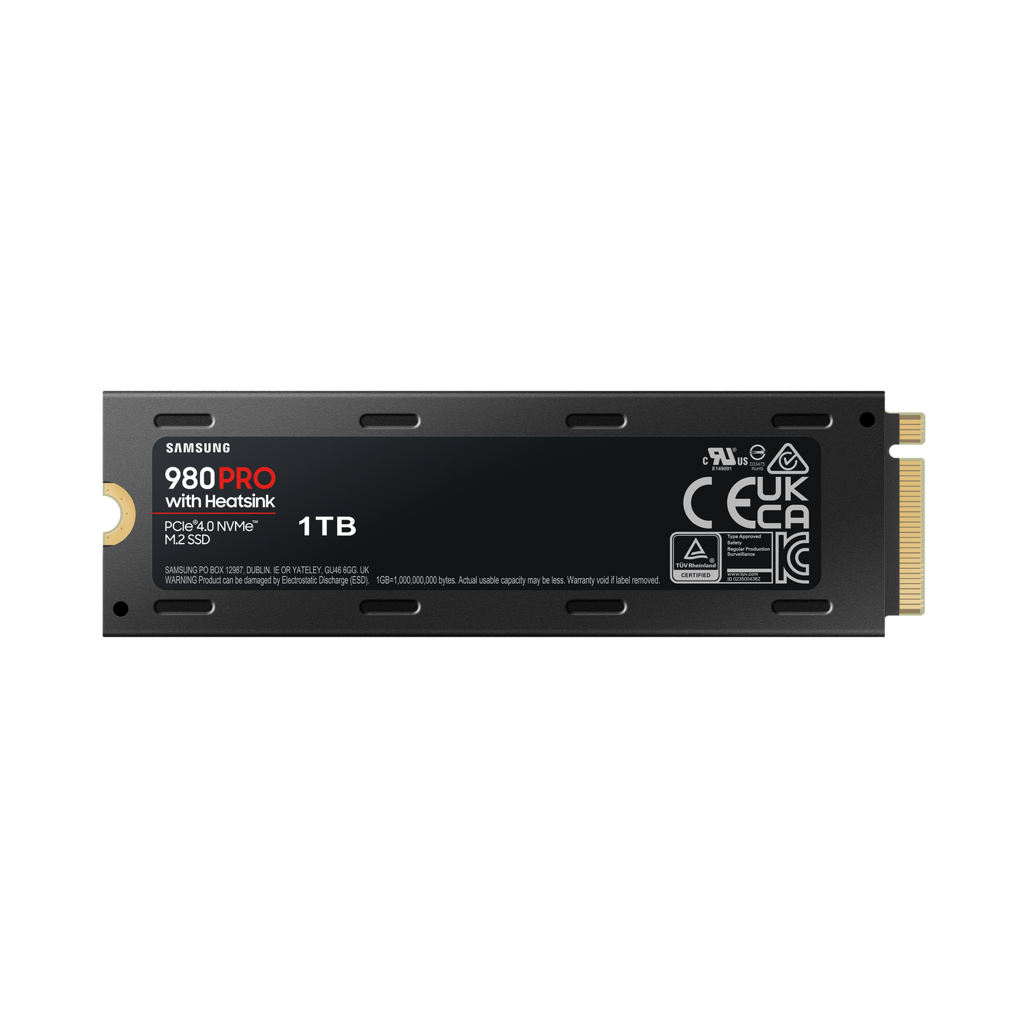 SSD Samsung 980 PRO negra con disipador, 1TB, sobre fondo blanco.