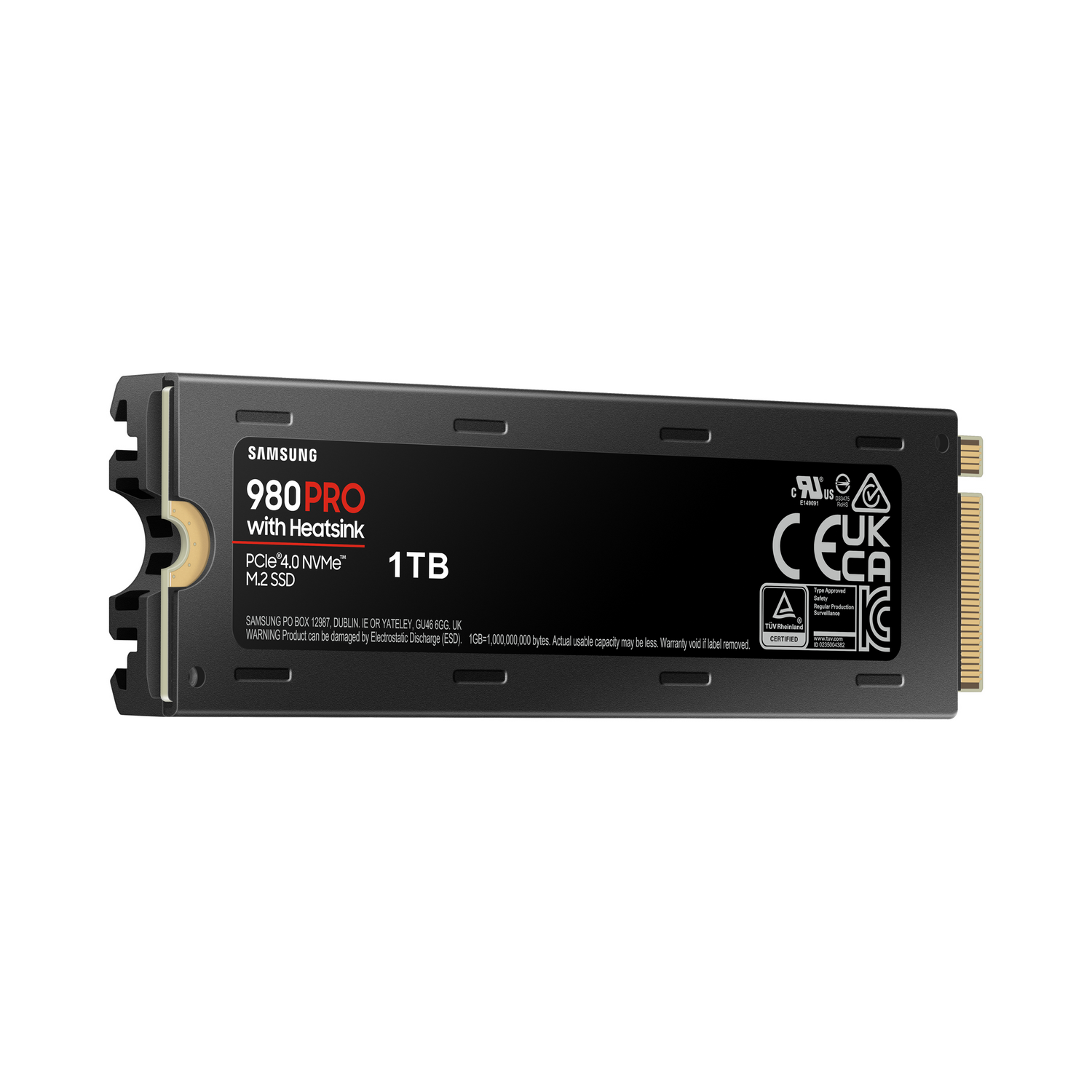 SSD negra Samsung 980 Pro con disipador, capacidad 1 TB.