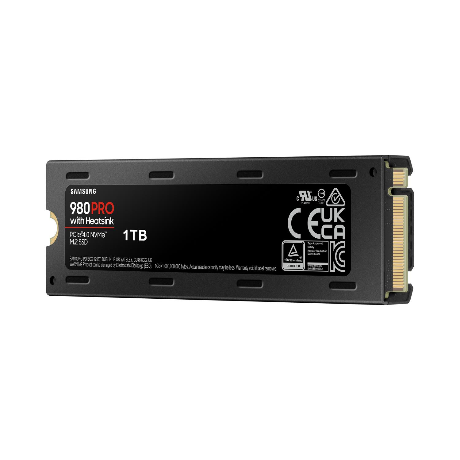 SSD Samsung 980 PRO negra, 1TB. Etiqueta del producto y conectores visibles.