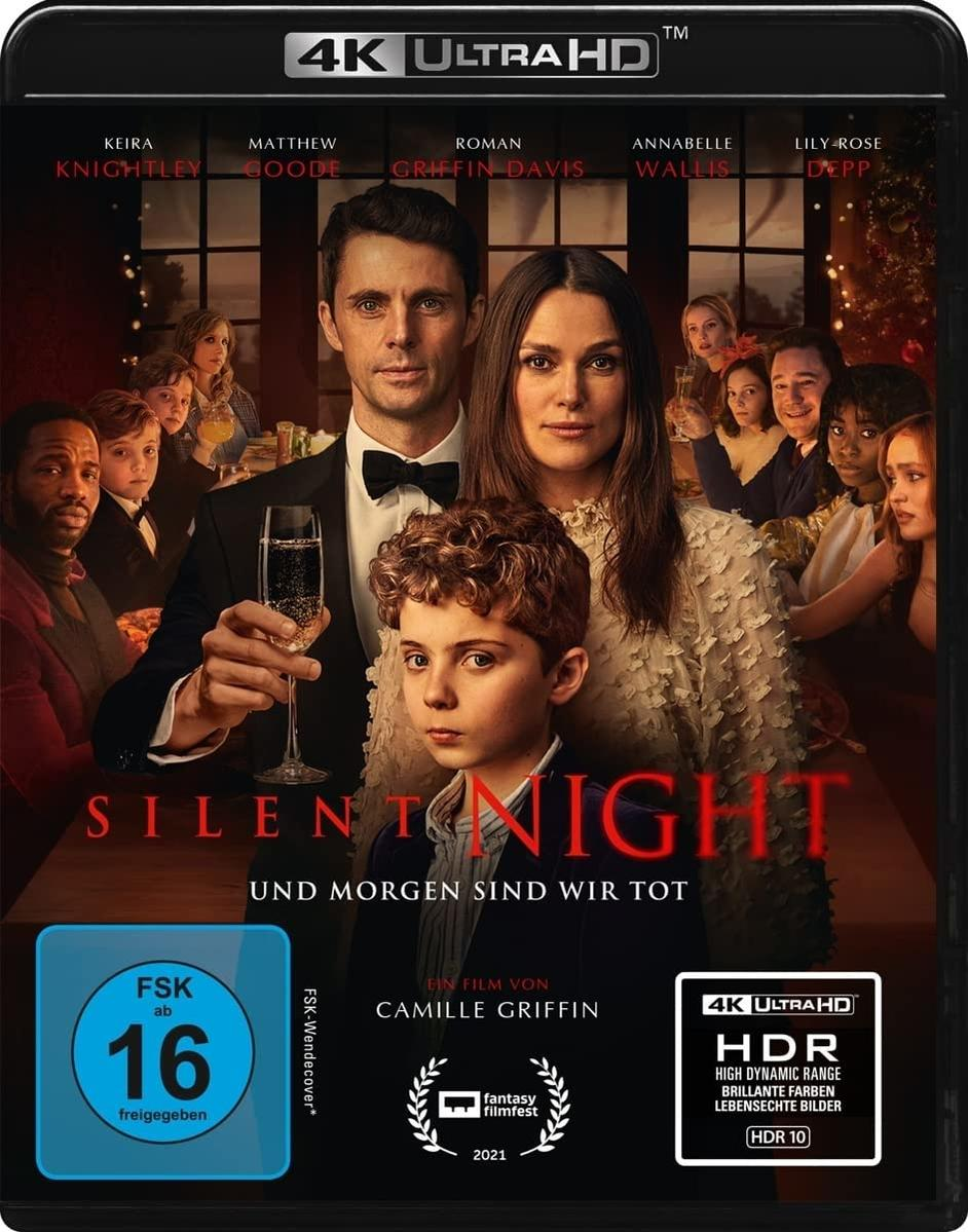 Filmcover für "Silent Night" mit Keira Knightley und anderen, mit Text und einem Rating-Logo.