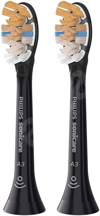 Két fekete Philips Sonicare fogkefefej színes sörtékkel.
