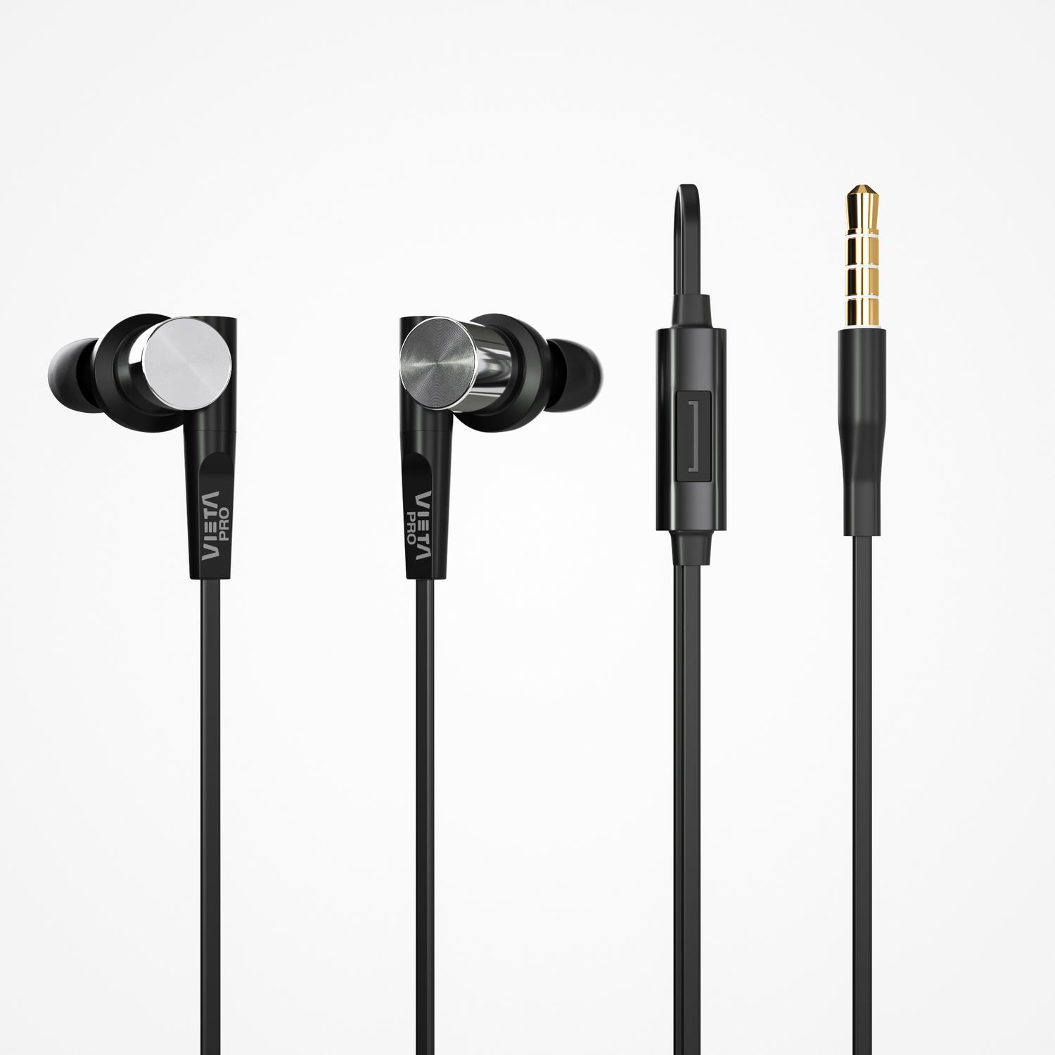 Auriculares negros con la marca Veta Pro. También se ven un controlador y un conector.