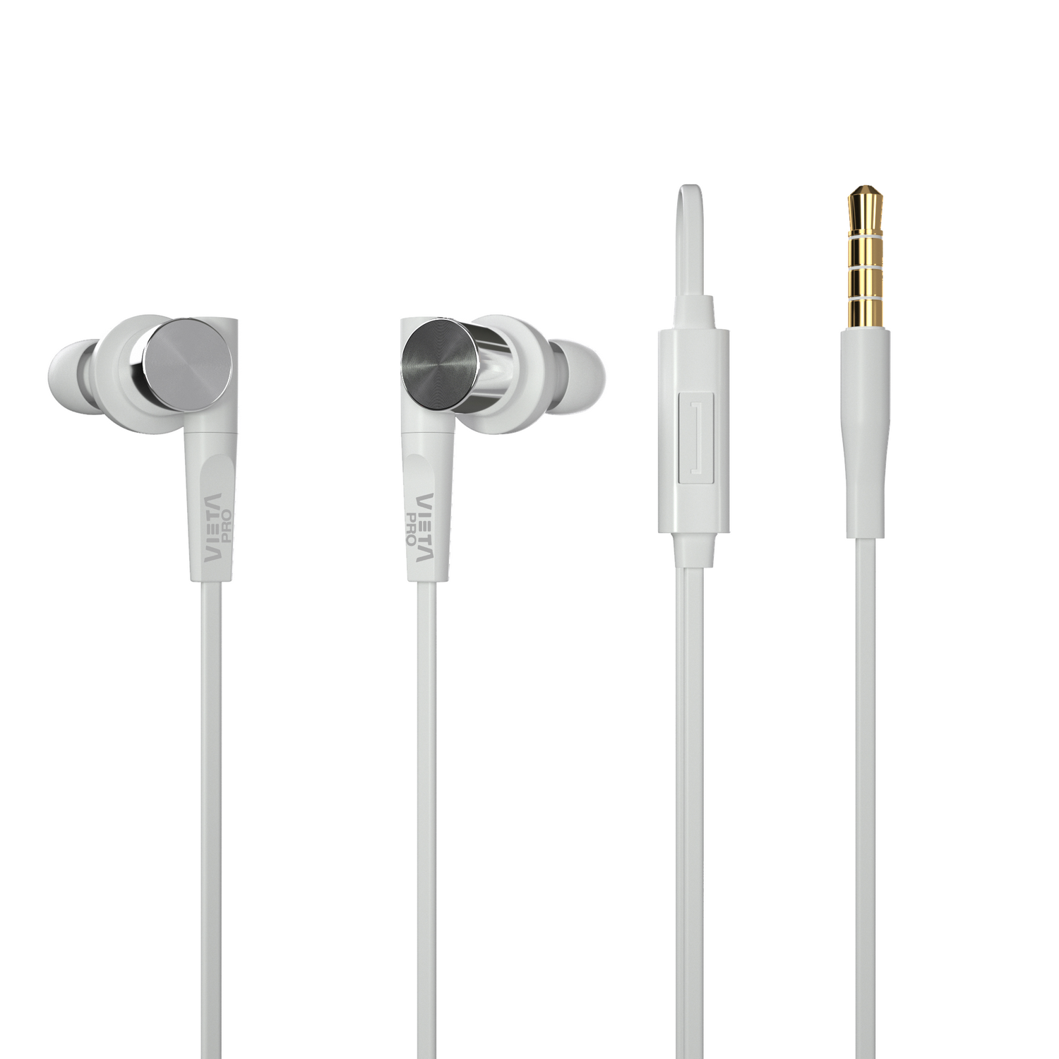 Auriculares Vetta Pro blancos con detalles plateados, cable blanco y conector dorado.