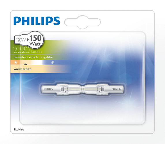 Philips-Glühbirnenverpackung mit Glühbirnenbild, Textdetails und warmweißem Etikett.