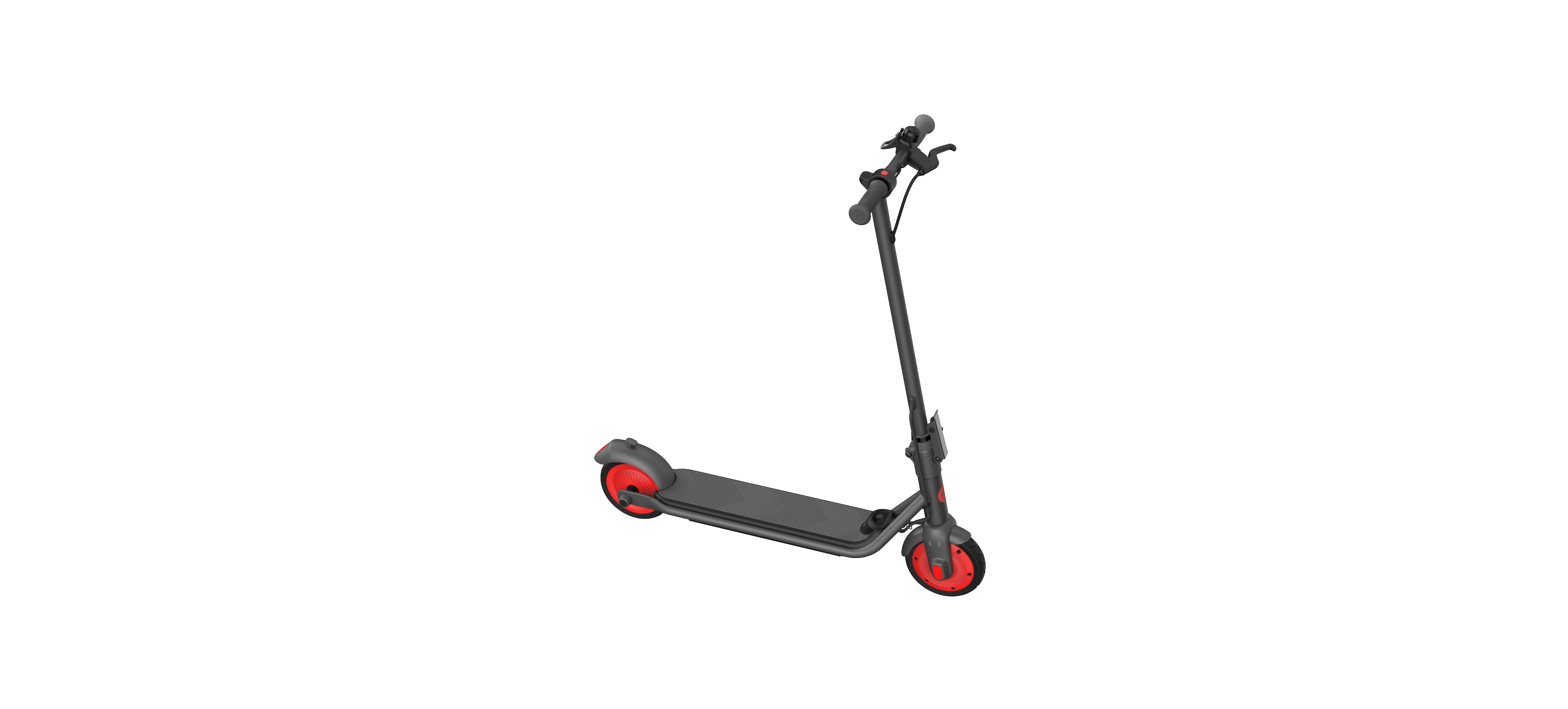 Schwarzer Roller mit roten Rädern auf weißem Hintergrund.