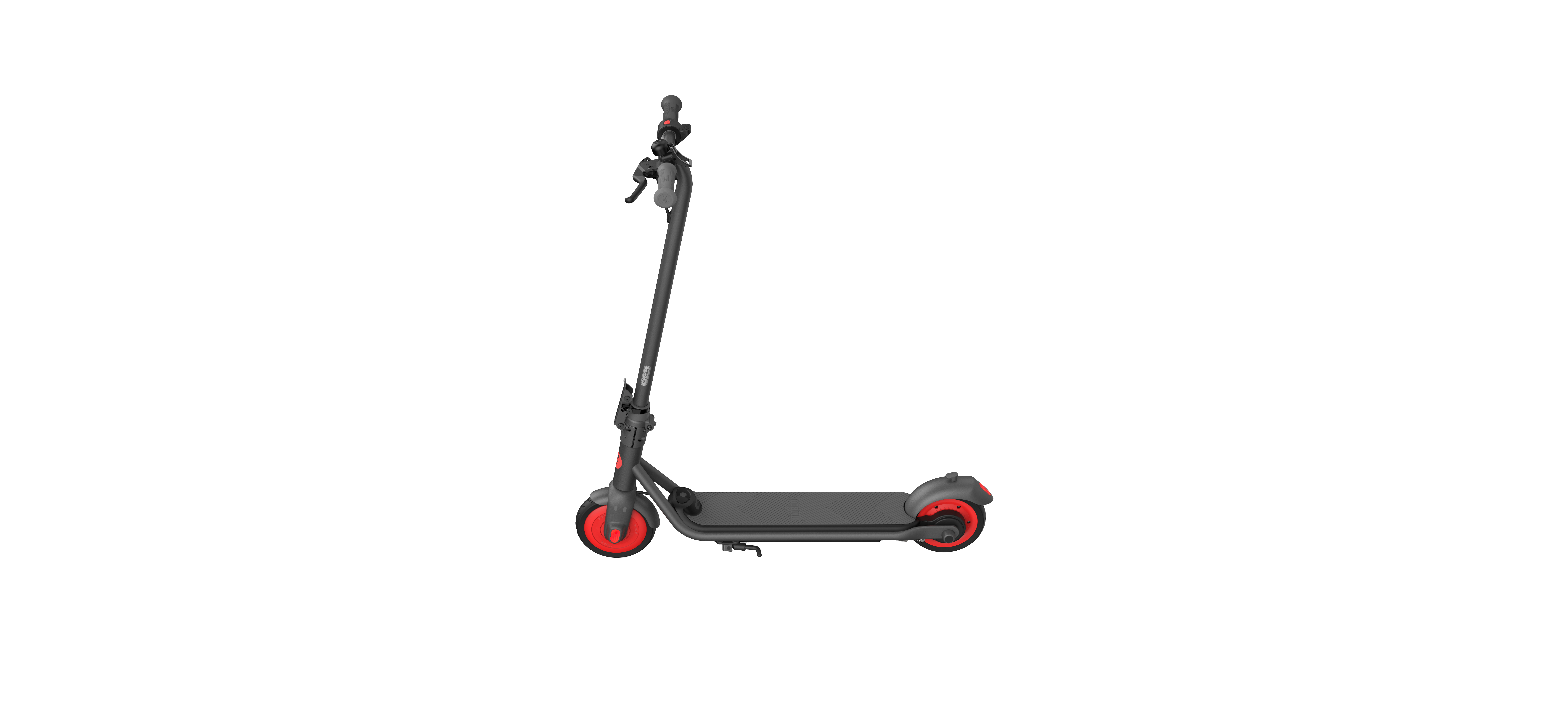 Ein schwarz-roter Elektroroller, schräge Ansicht auf weißem Hintergrund, Lenker, rote Räder.