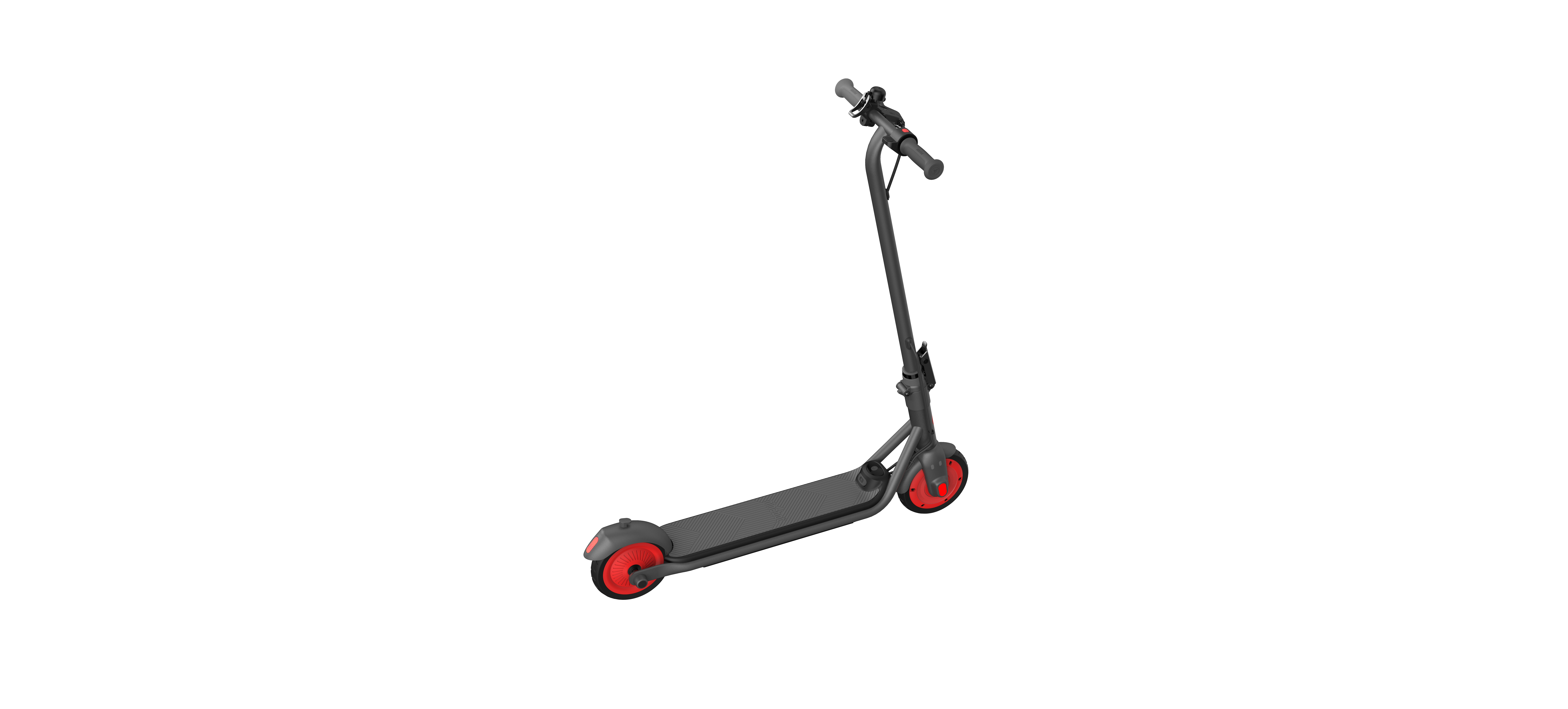Ein schwarzer und grauer Roller mit roten Rädern auf weißem Hintergrund.