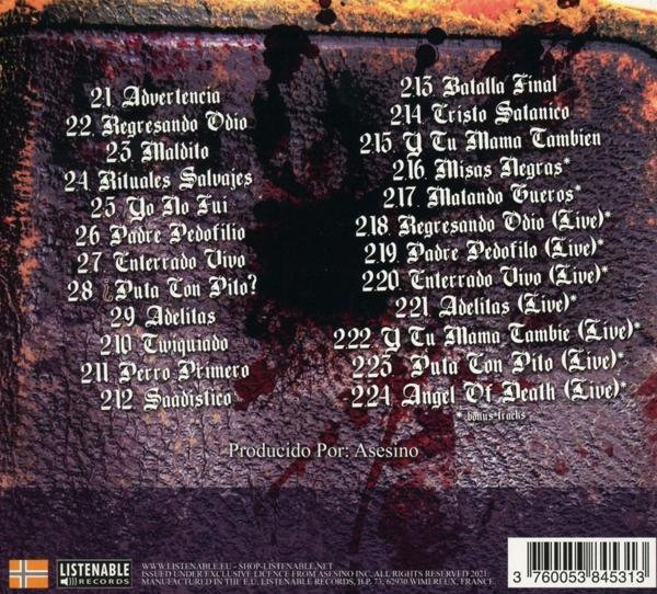 Ein CD-Cover mit einer Liste spanischer Songtitel und Credits in einem rot-schwarzen Design.