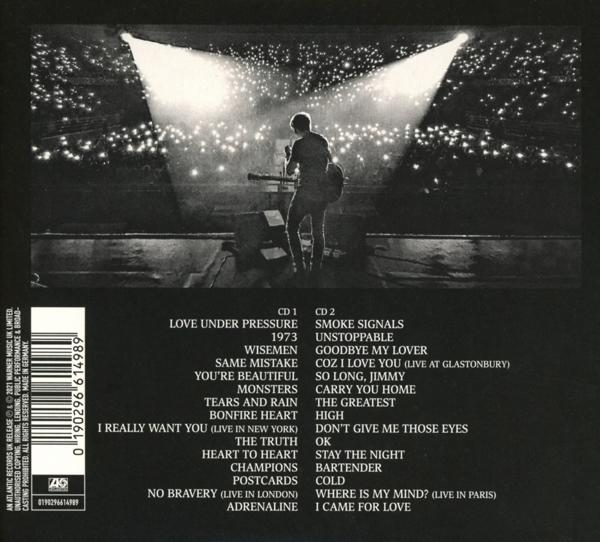 Rückseite eines CD-Covers mit Live-Performance-Foto. Titelliste und Albumdetails sind sichtbar.
