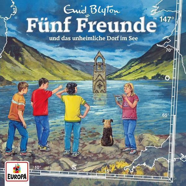 Buchcover 'Fünf Freunde' mit Kindern, Hund und Turm im Wasser.
