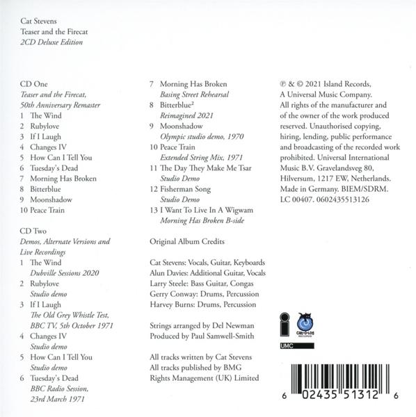 Pochette d'album avec listes des titres, détails de l'artiste et informations de copyright. Texte sur fond blanc.