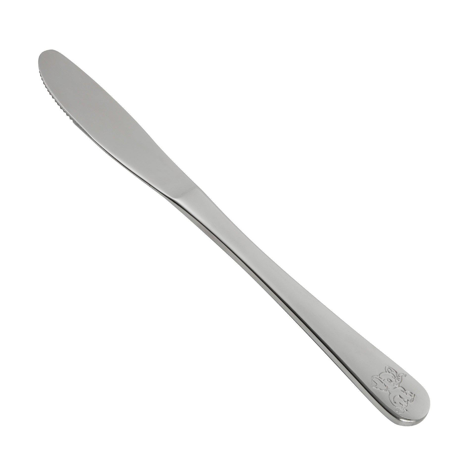 Ein silbernes Buttermesser mit abgerundeter Spitze und kleinem Design am Griff.
