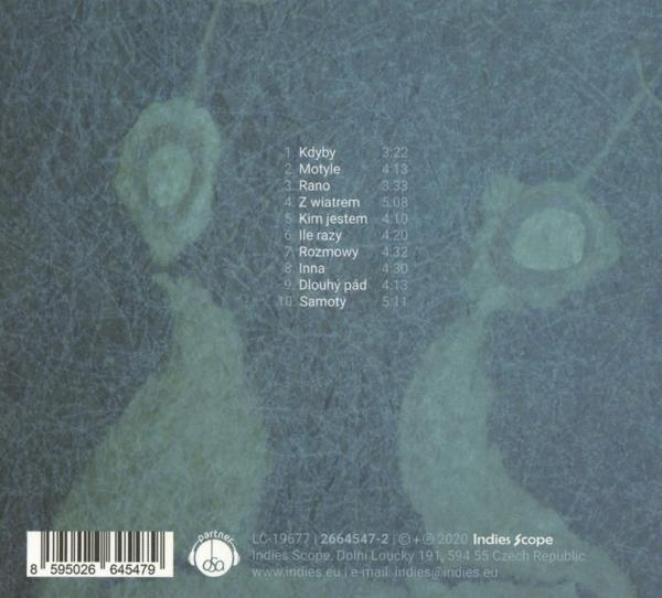 Rückseite einer CD-Hülle. Text und Titelliste auf strukturiertem blau-grauen Hintergrund.