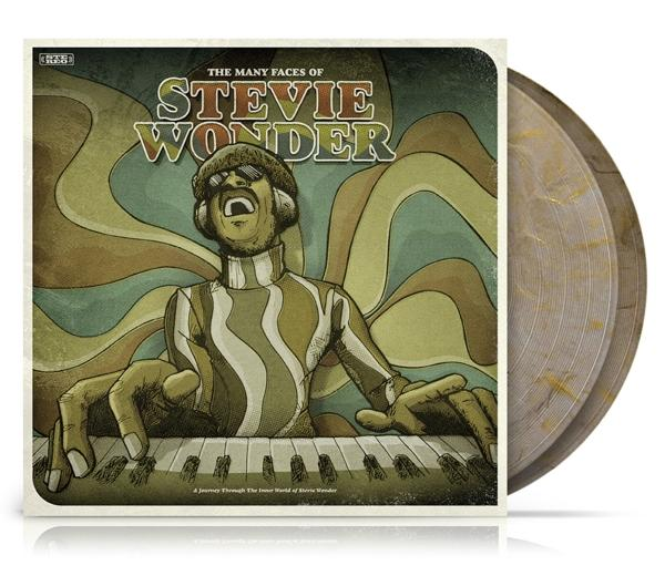 Pochette d'album de Stevie Wonder. Homme jouant du piano, avec fond coloré et texte.