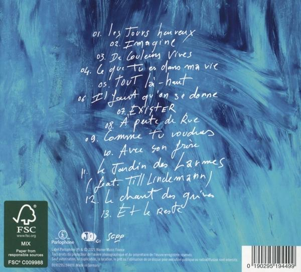 Une pochette de CD avec des titres de chansons françaises sur un fond bleuté, avec un logo FSC vert.