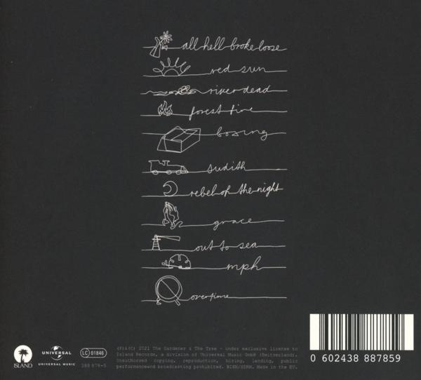 Schwarzes Albumcover mit weißem handschriftlichen Text und Zeichnungen.
