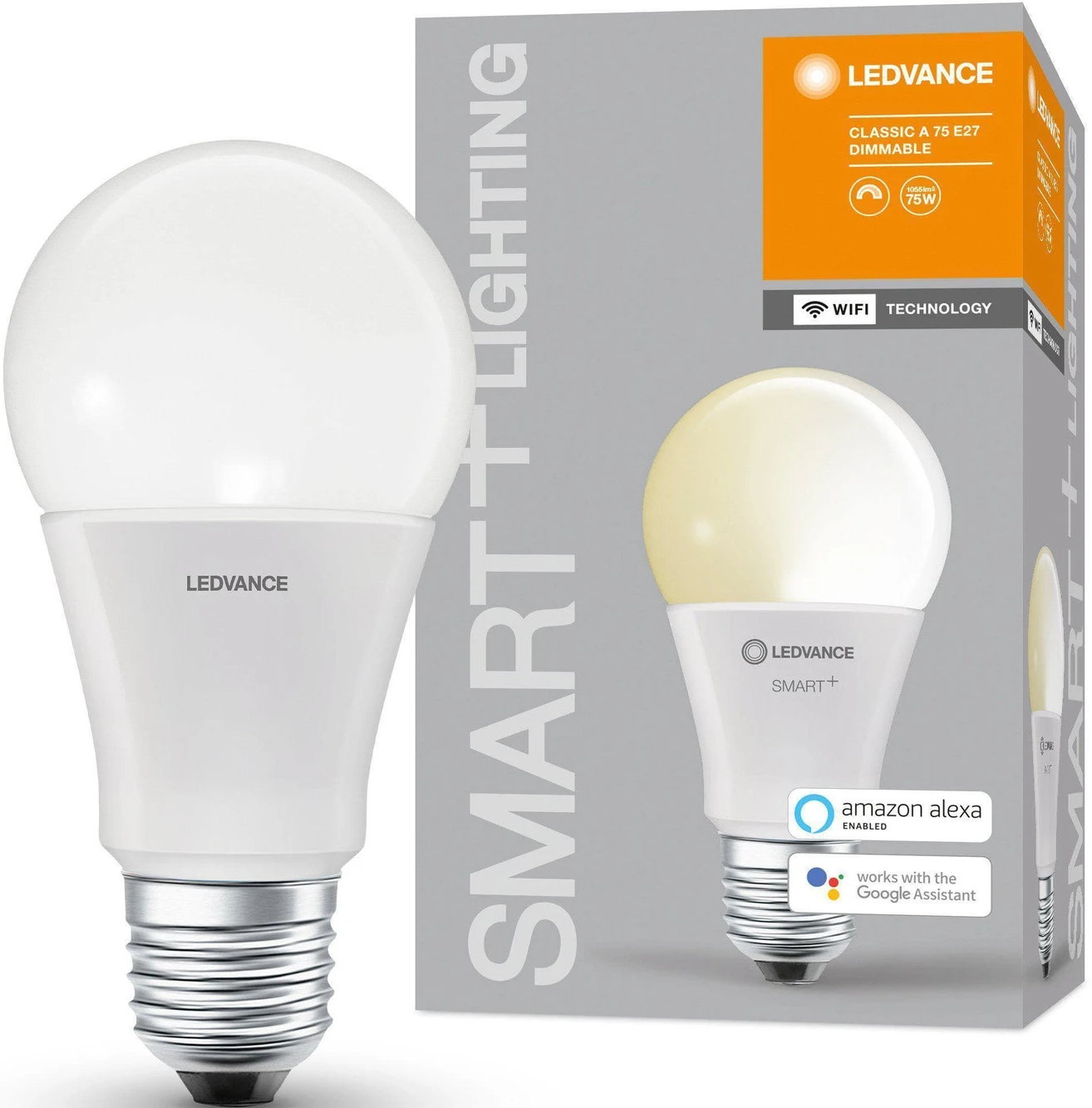 Una lampadina intelligente LEDVANCE bianca e la sua scatola. La scatola mostra la lampadina accesa e le sue caratteristiche.