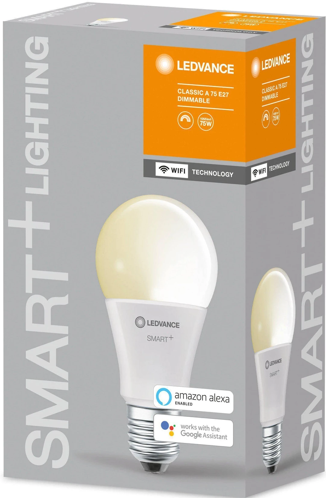 Una scatola di una lampadina intelligente LEDVANCE bianca. È in una scatola con un'immagine della lampadina.
