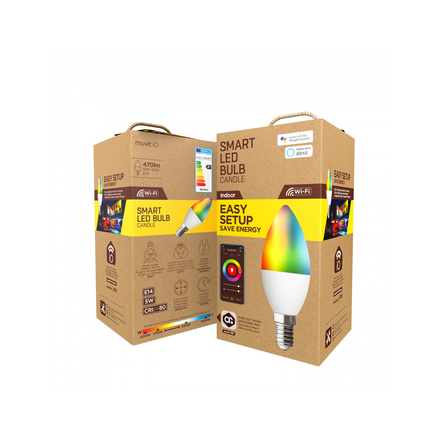Dos cajas de bombillas LED inteligentes. Una muestra la bombilla. Fondo blanco.