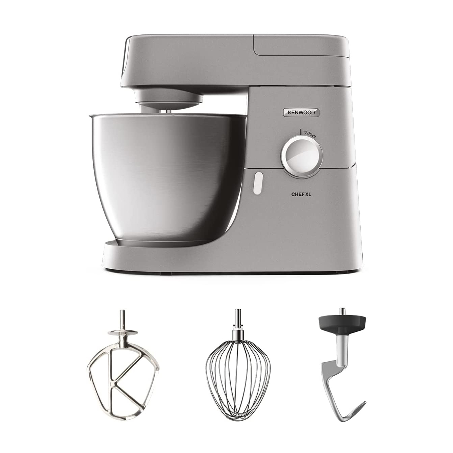 Impastatrice planetaria grigia Kenwood Chef XL con ciotola e tre accessori sotto.