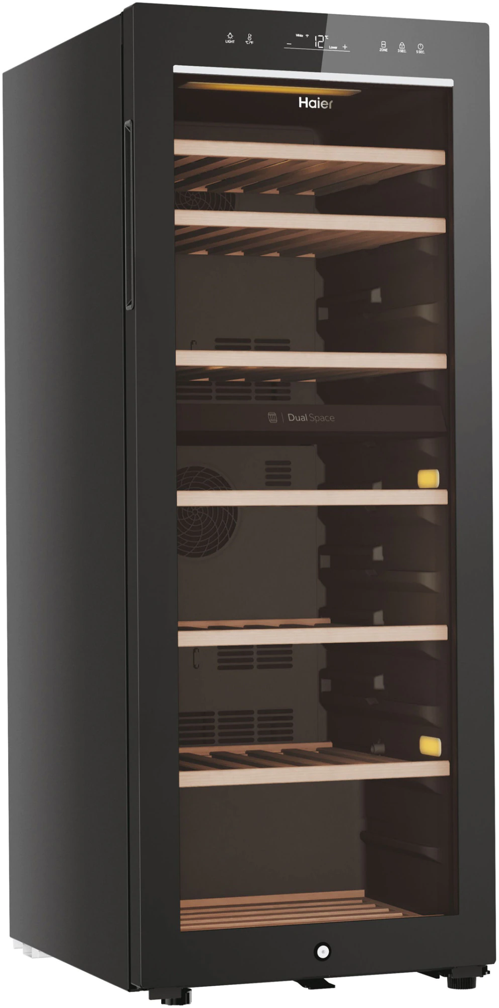 Cantinetta Haier nera, porta in vetro, ripiani in legno, display temperatura.