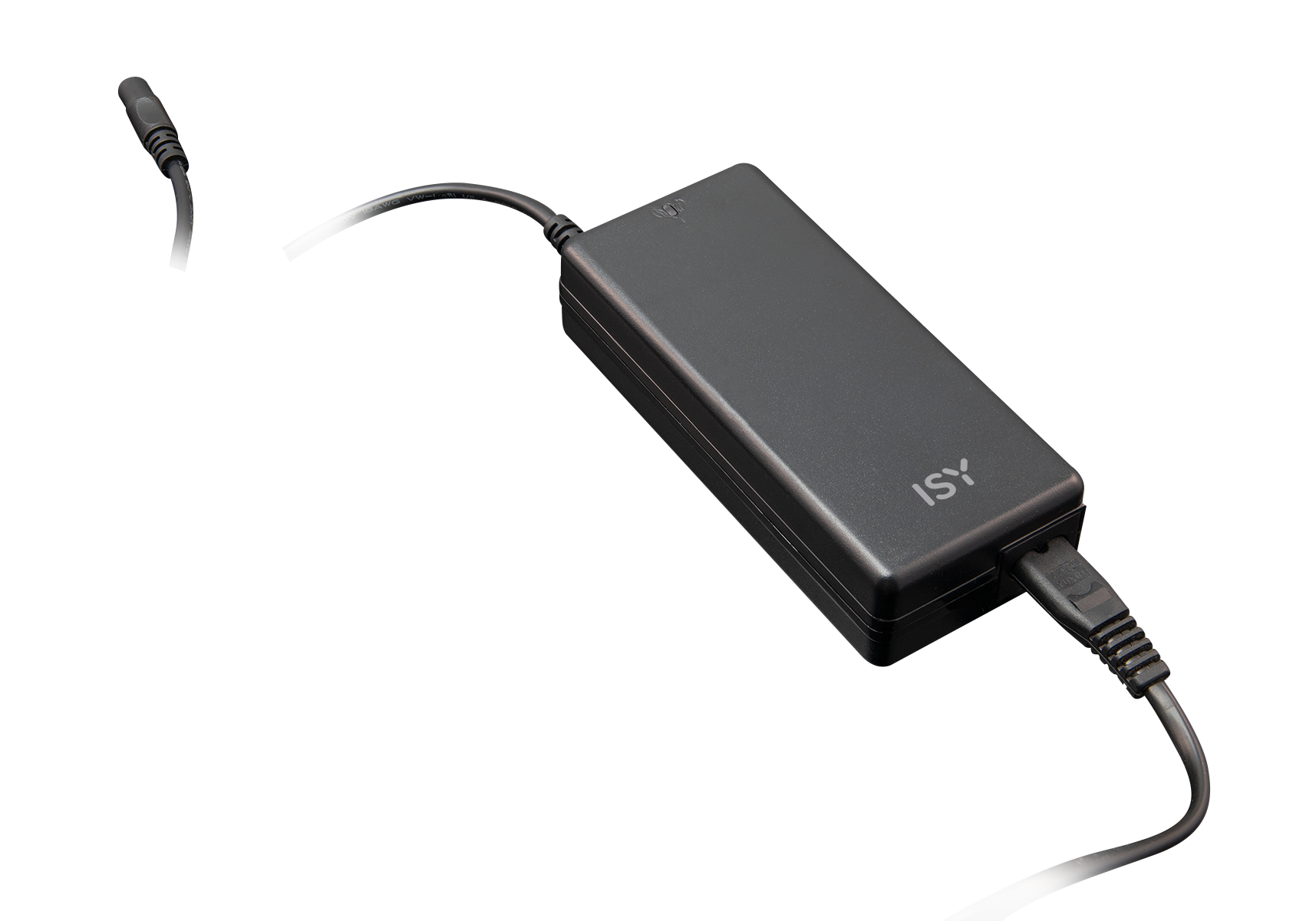 A black ISY power adapter with a cable and an additional cable, on a black background.