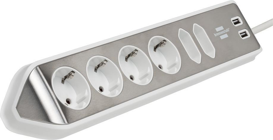 Eine weiße Steckdosenleiste mit fünf Steckdosen und zwei USB-Anschlüssen.
