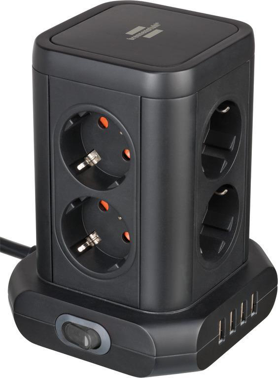 Schwarze Steckdosenleiste mit mehreren Steckdosen und USB-Anschlüssen sowie einem Schalter unten.