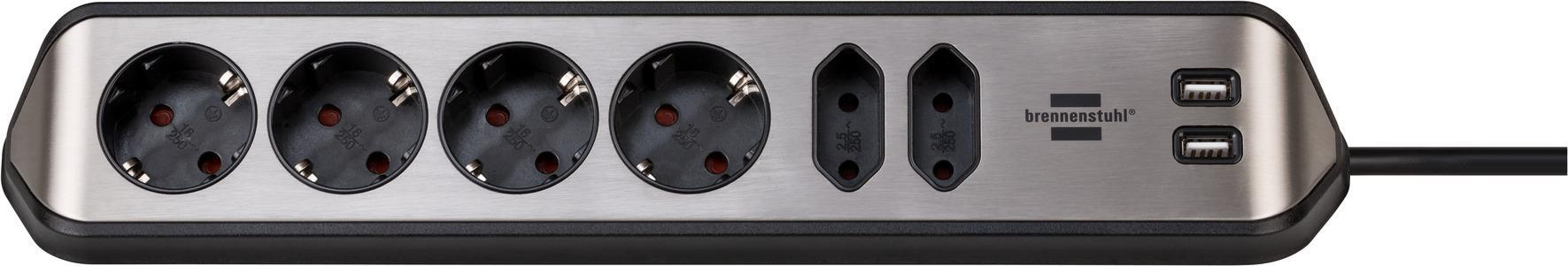 Silber- und schwarze Steckdosenleiste mit Steckdosen und USB-Anschlüssen. Schwarzes Kabel.