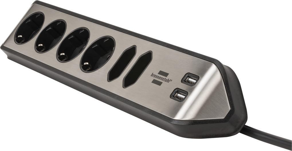 Eine silberne Steckdosenleiste mit mehreren Steckdosen und USB-Anschlüssen, schwarze Akzente.
