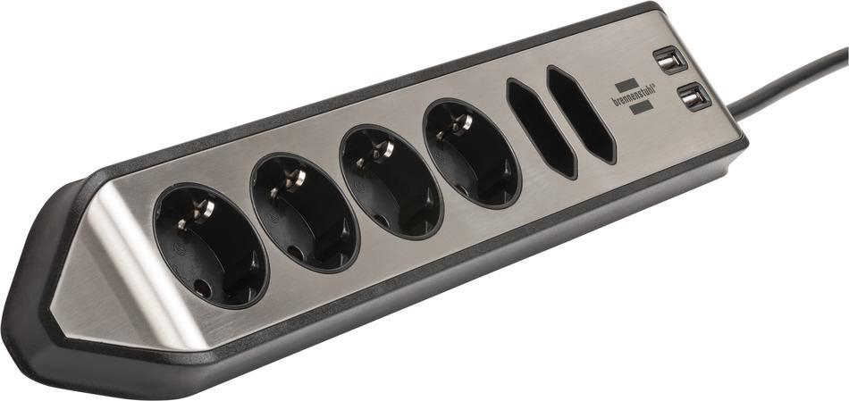 Silber-schwarze Steckdosenleiste mit mehreren Steckdosen und USB-Anschlüssen.