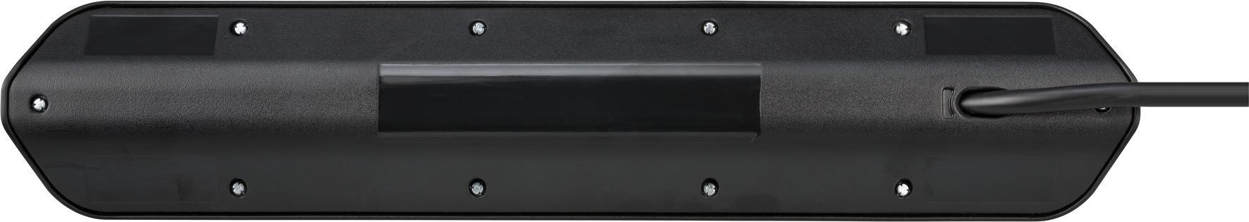 Schwarzes, rechteckiges elektronisches Bauteil mit mehreren Löchern und einem Kabel.