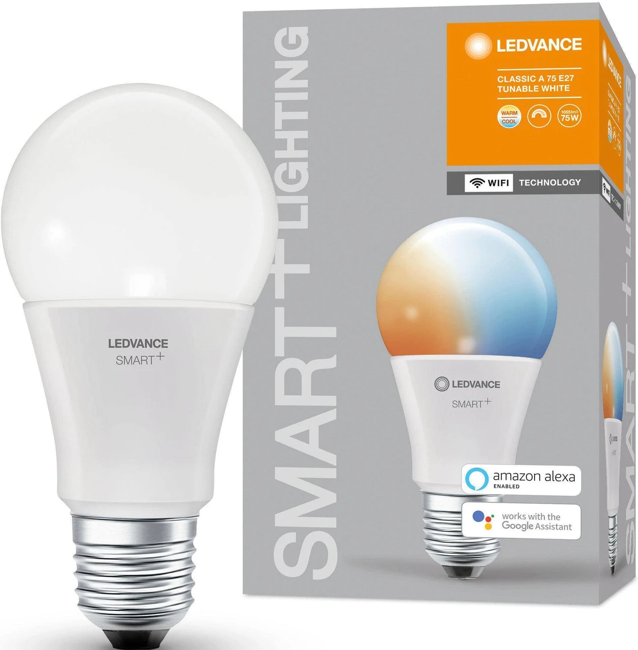 Une ampoule LED blanche à côté de la boîte avec du texte et une image de l'ampoule.