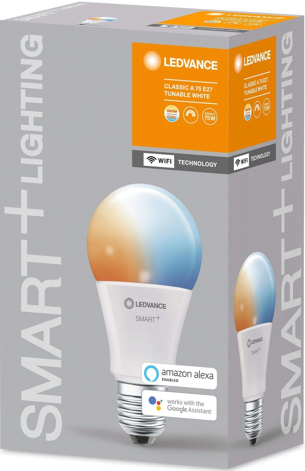 Ampoule LED intelligente en boîte, avec dégradé bleu et orange. Inclut Alexa et Google Assistant.