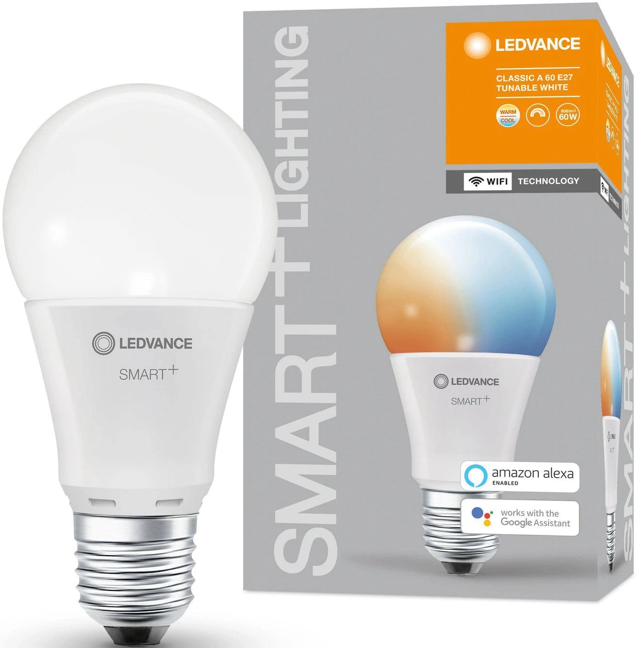Weiße LEDVANCE Smart-Glühbirne mit einer Box. Eine Glühbirne leuchtet mit blauen und orangen Farben.