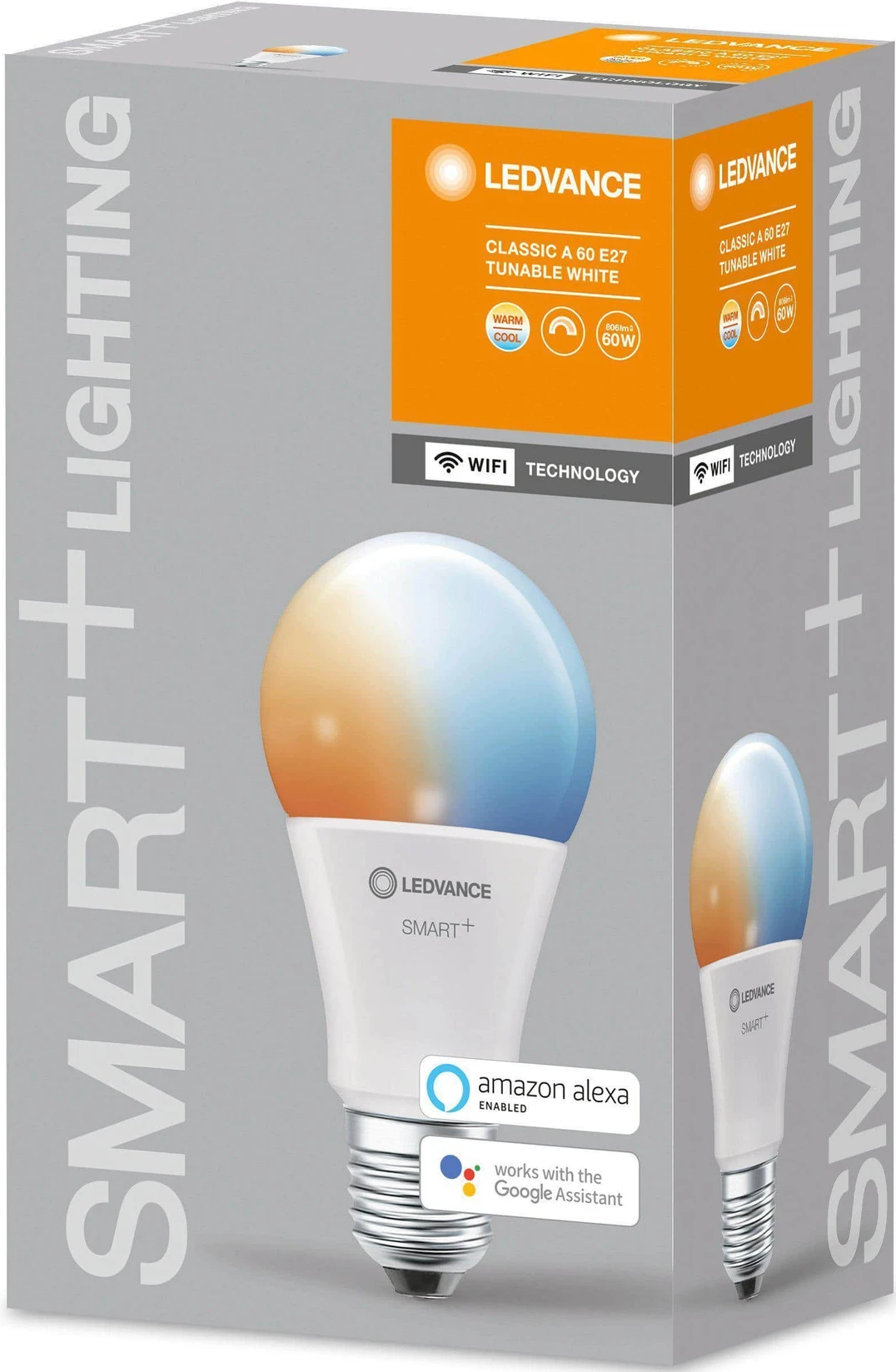 Intelligente LED-Glühbirne mit Verpackung. Die Birne ist weiß, orange und blau.