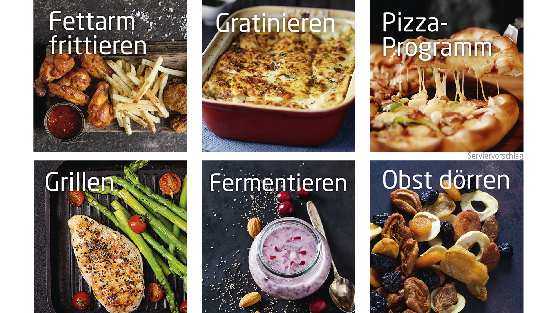 Sechs Essensbilder mit deutschem Text: Braten, Gratinieren, Pizza, Grillen, Fermentieren und Trockenobst.