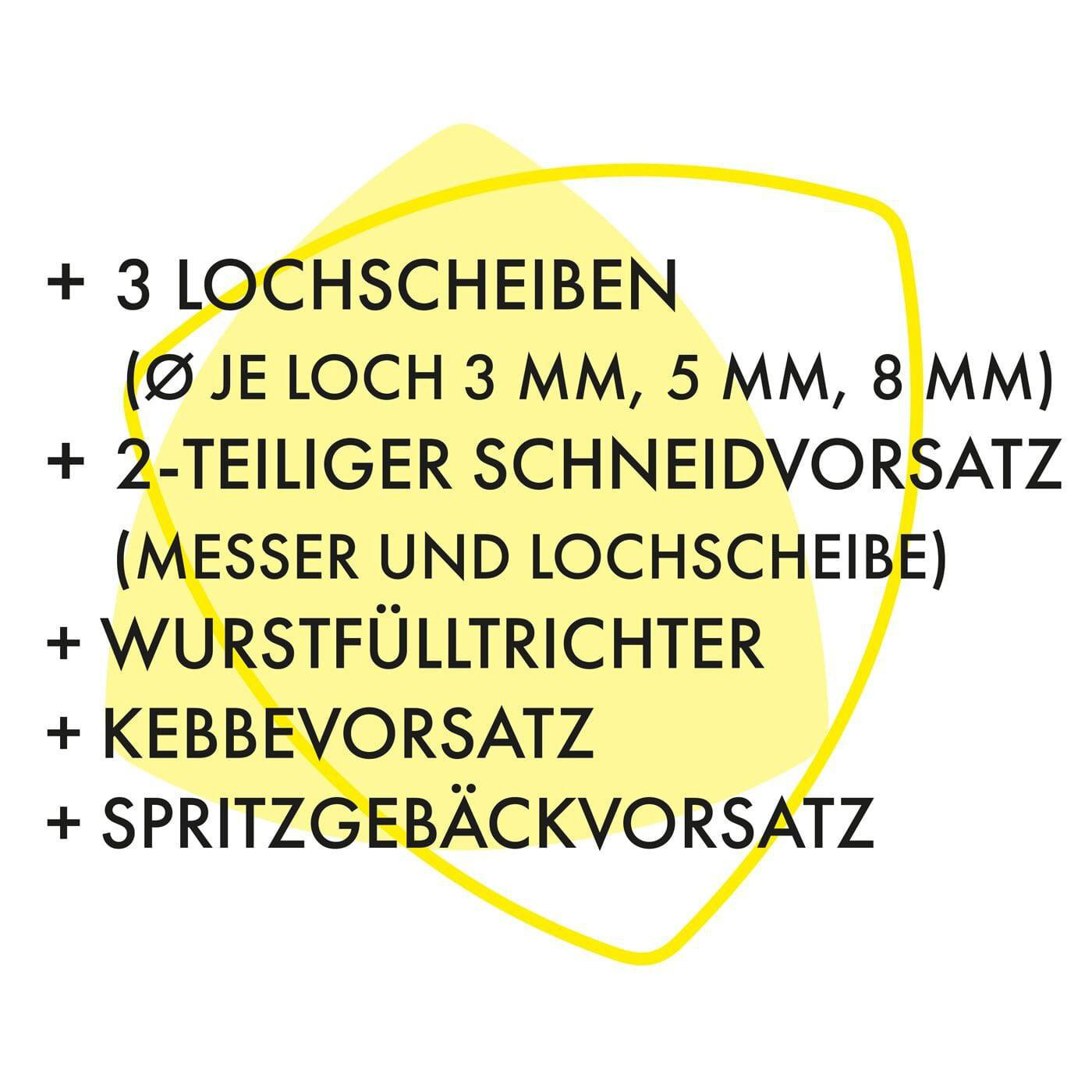 Text auf gelber Form: 3 Lochscheiben, 2-teiliger Schneidvorsatz, Wurstfülltrichter, Kebbevorsatz.