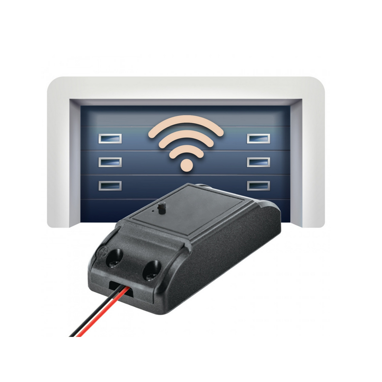Abridor de puerta de garaje negro con símbolo wifi, conectado a puerta de garaje.
