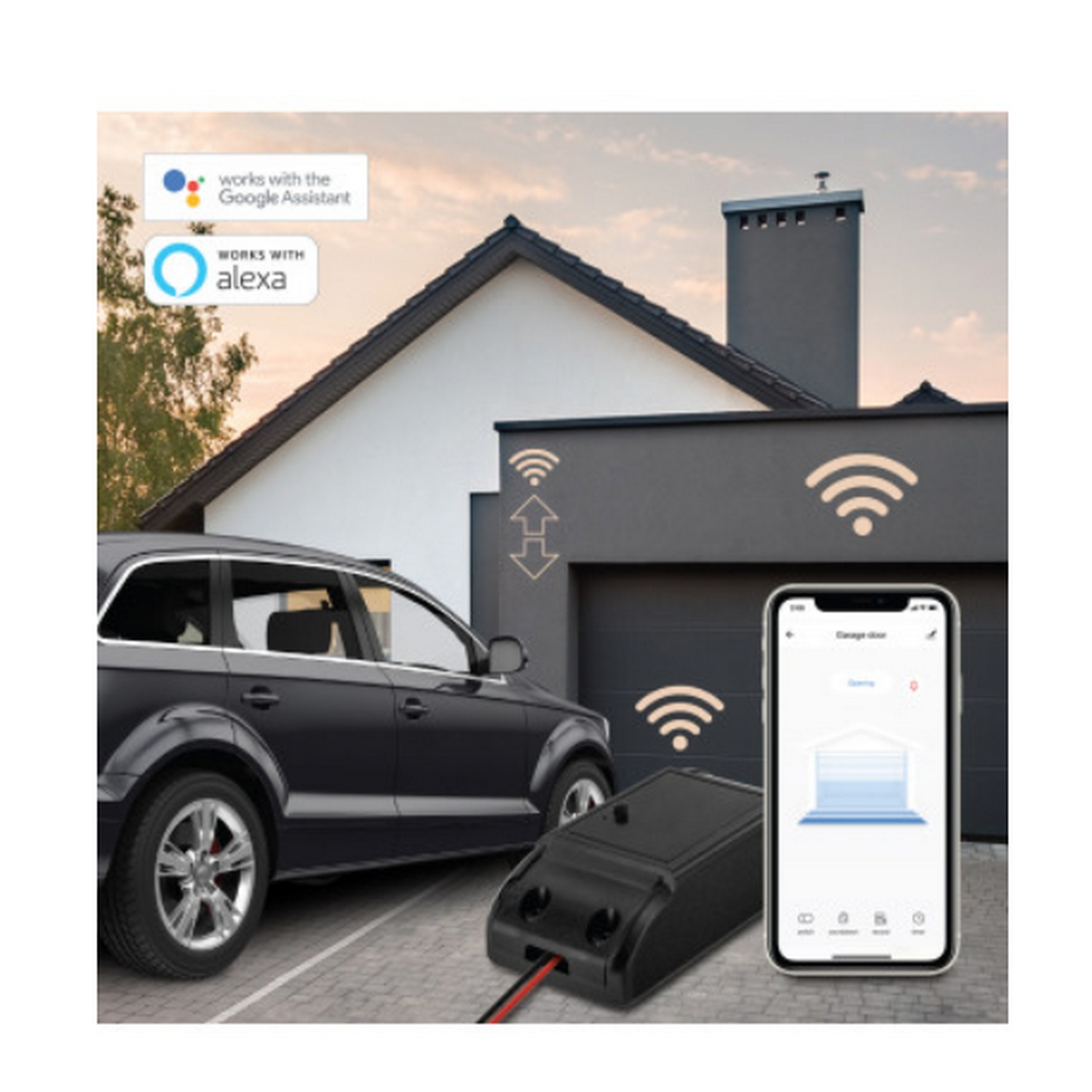 Configuración de abridor de puerta de garaje inteligente. Incluye un coche, un teléfono, una puerta de garaje y una unidad de control.