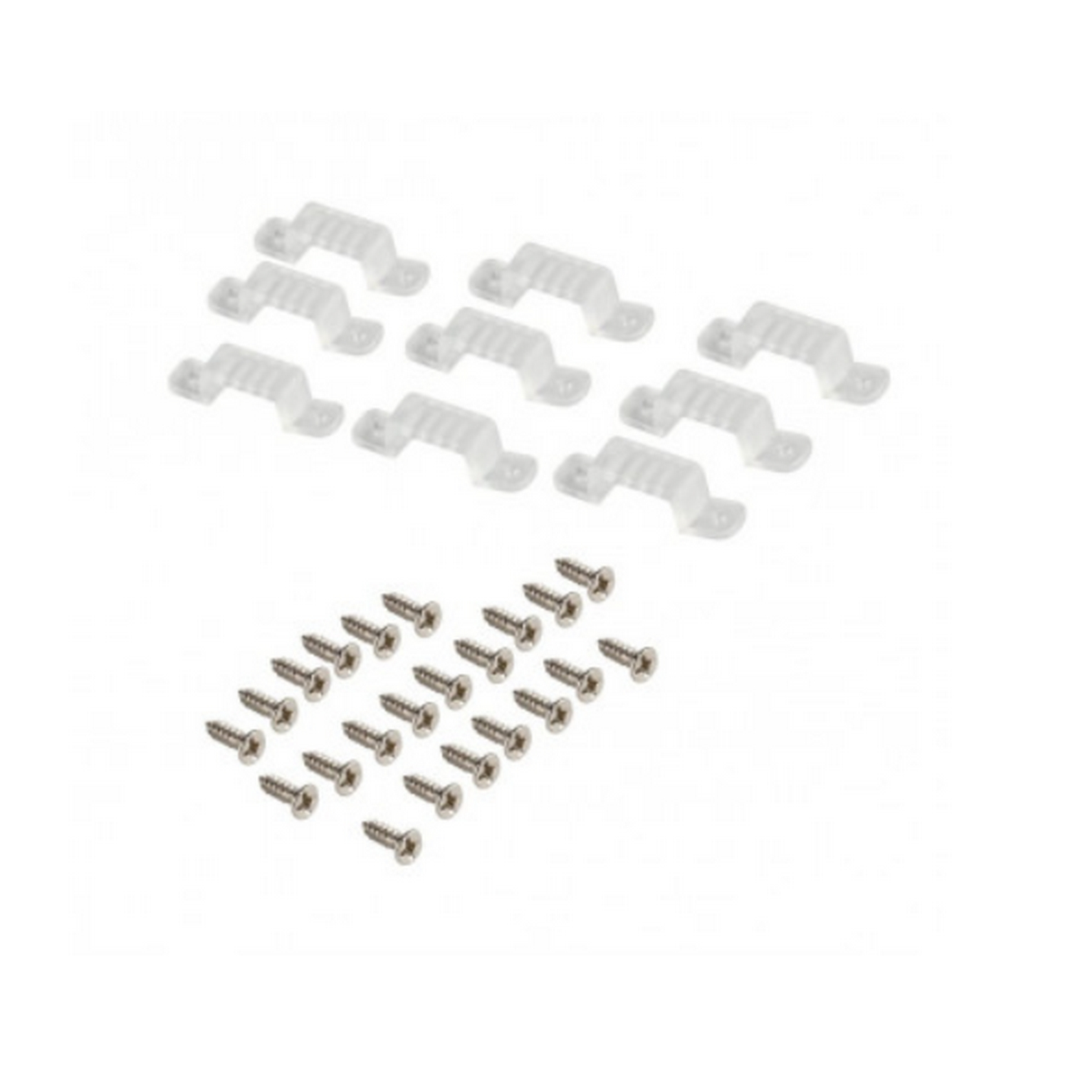 Clips de plástico blanco y tornillos plateados sobre superficie blanca, vista superior.
