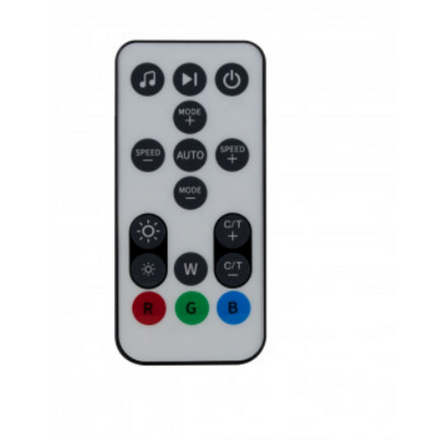 Un mando a distancia blanco con varios botones, incluyendo modo, color y encendido.