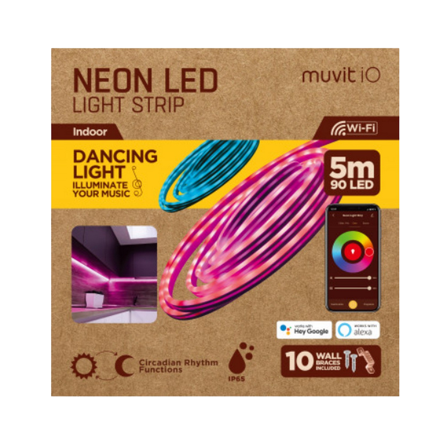 Luces LED - Muvit iO MIOLST003, Tira LED, WiFi , Neón, RGB, 5m, 90 LEDs, IP65, Transparente