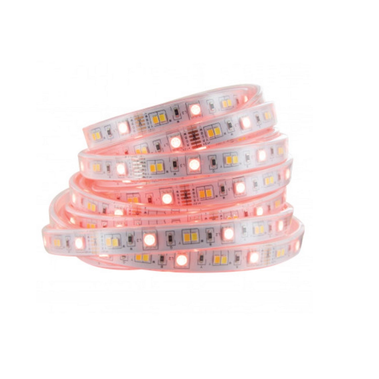 Un rollo de tiras de luces LED con luz rosa, sobre un fondo blanco.