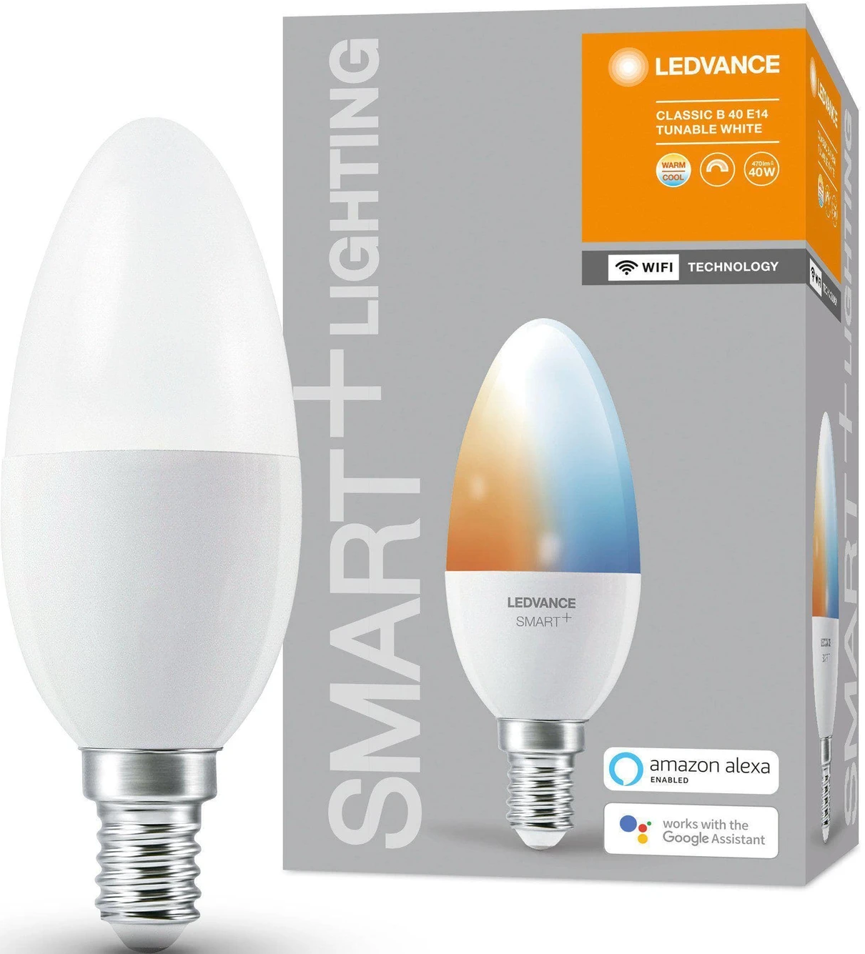 Una lampadina LED intelligente con una scatola che mostra le opzioni di colore e la tecnologia WiFi.