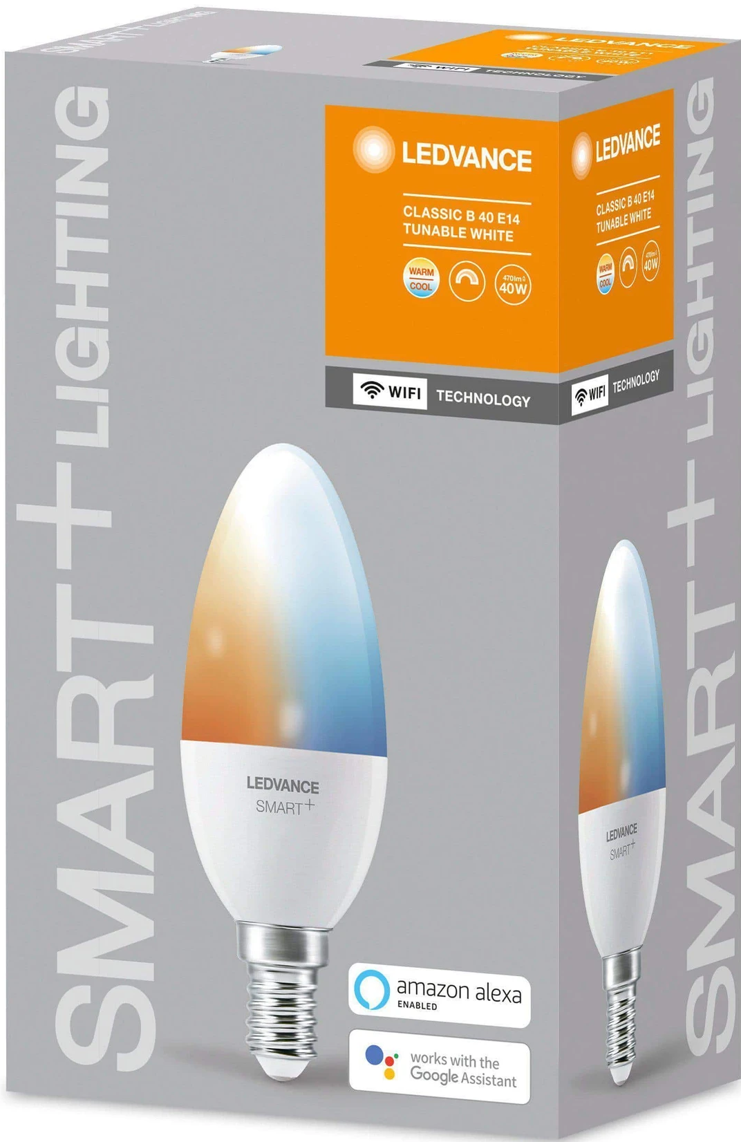 Lampadina intelligente LEDVANCE in una scatola, con impostazioni bianco caldo e freddo.